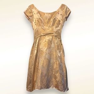Vintage 1950's Champaign Satin Brocade Short Dress Tulle Underskirt Women's 9